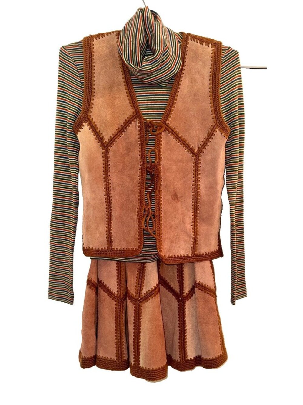 True Vtg Patchwork SUEDE Skirt & VEST OUTFIT SET With Matching TURTLENECK Size 7